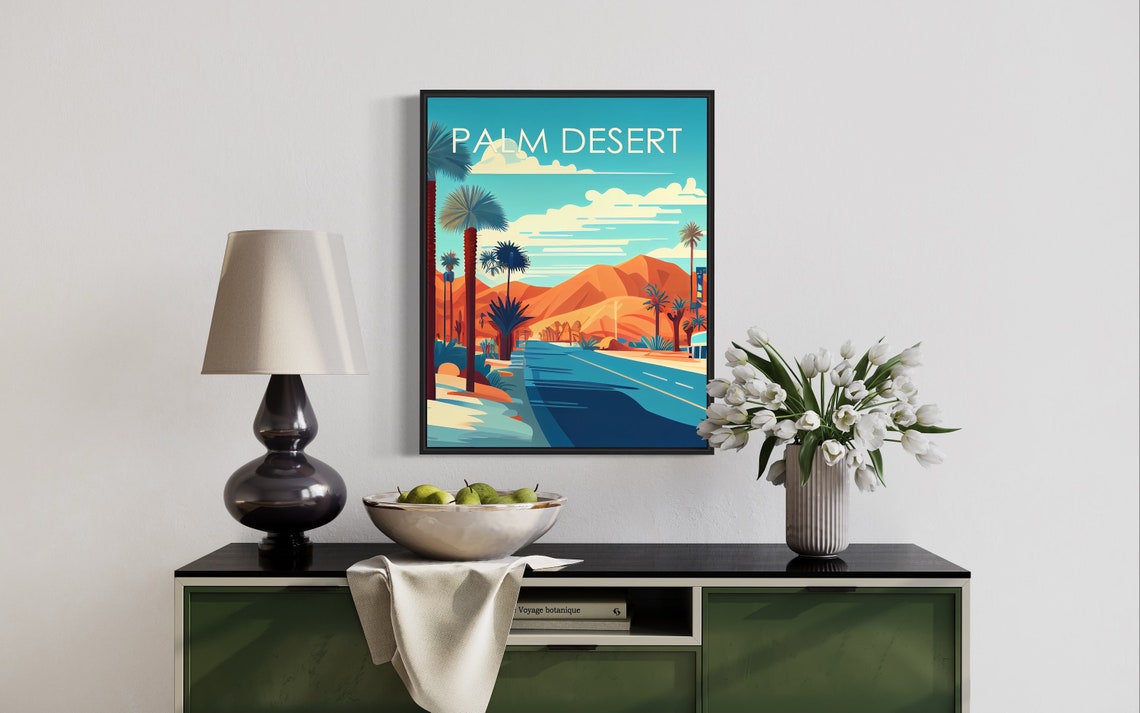Palm Desert Retro Palm Lined Desert Road Mountain View Poster - Image 2