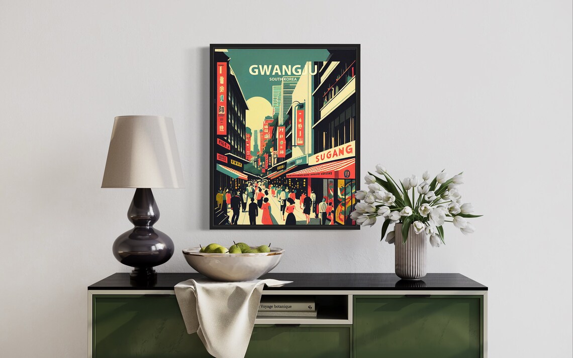 Gwangju South Korea Bustling Street Market Scene Retro Poster - Image 3