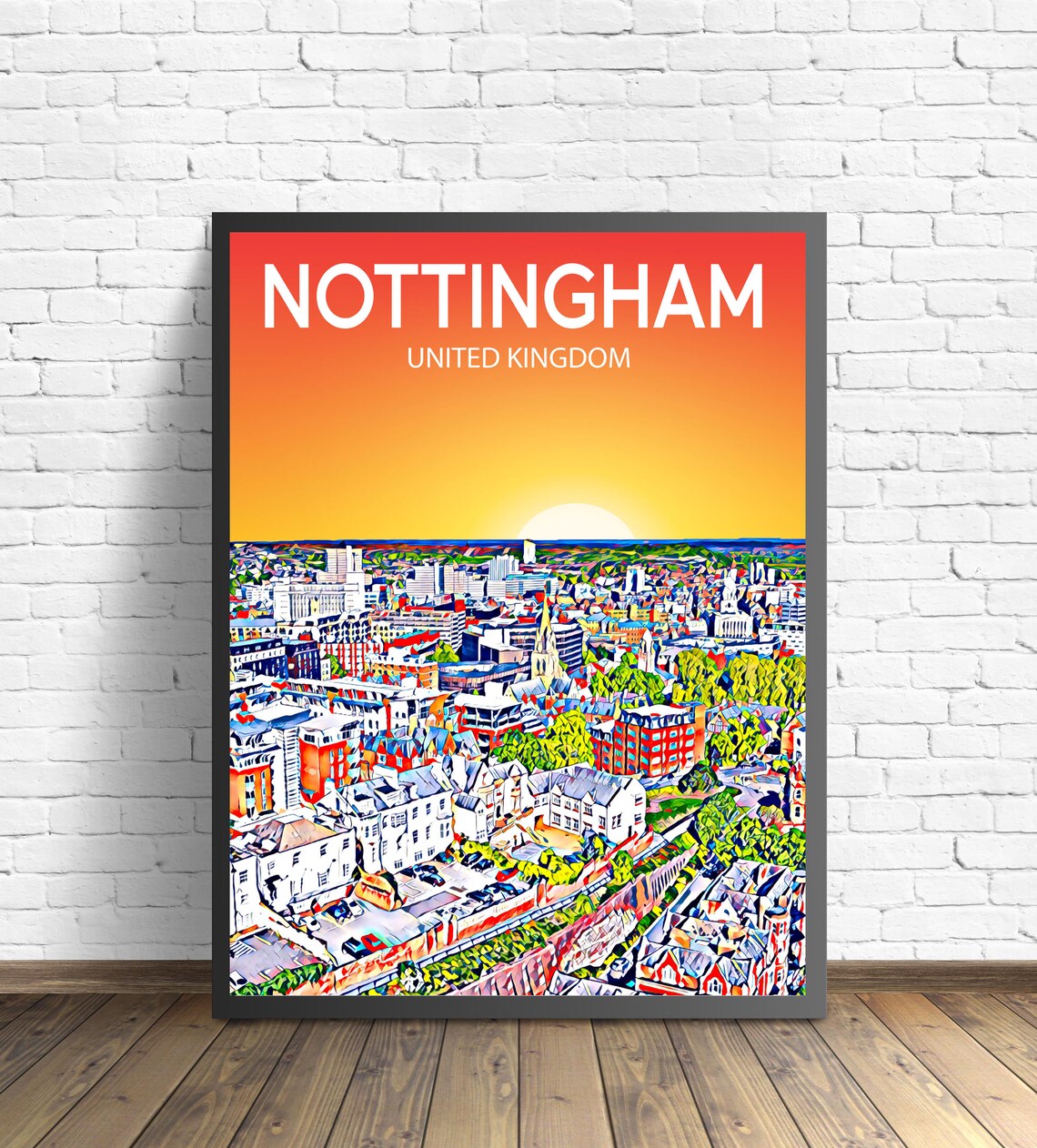 Nottingham United Kingdom Sunset Aerial Skyline Cityscape Art Poster