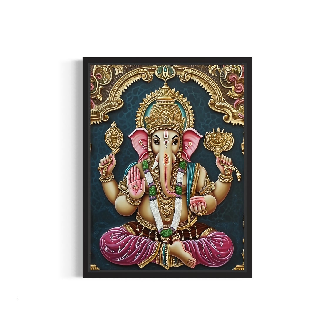 Seated Four-Armed Lord Ganesha in Gold Tanjore Style Art Poster