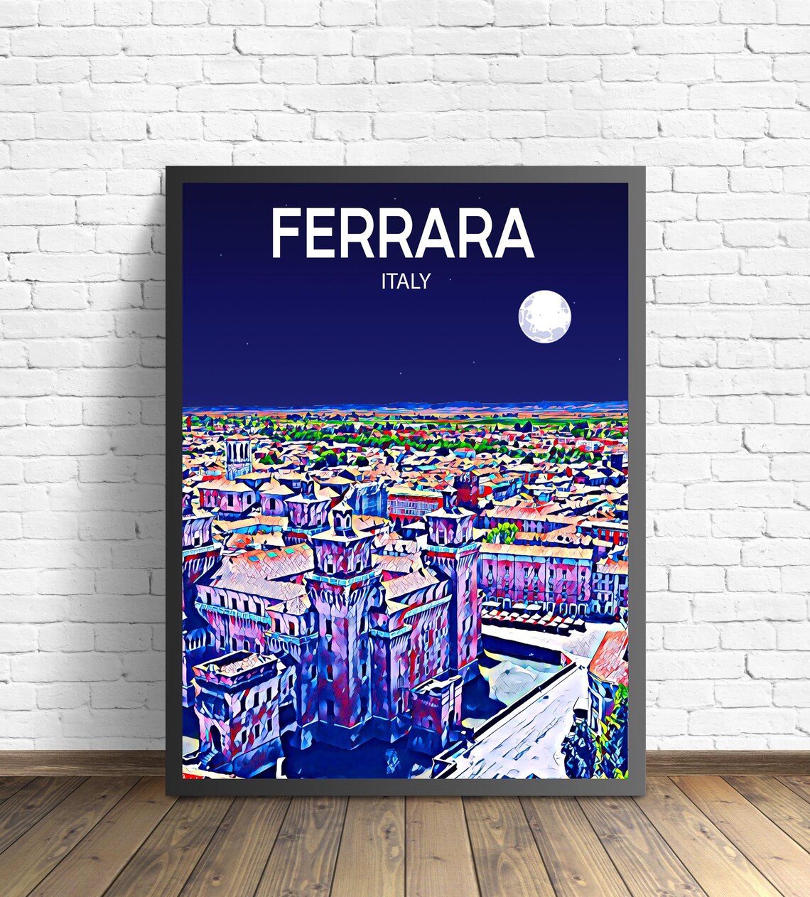 Ferrara Italy Night Skyline Moonlit Castle Sketch Art Poster