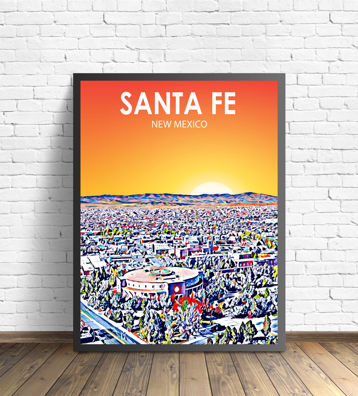 Santa Fe New Mexico Sunset Cityscape Colorful Pop Art Sketch Poster