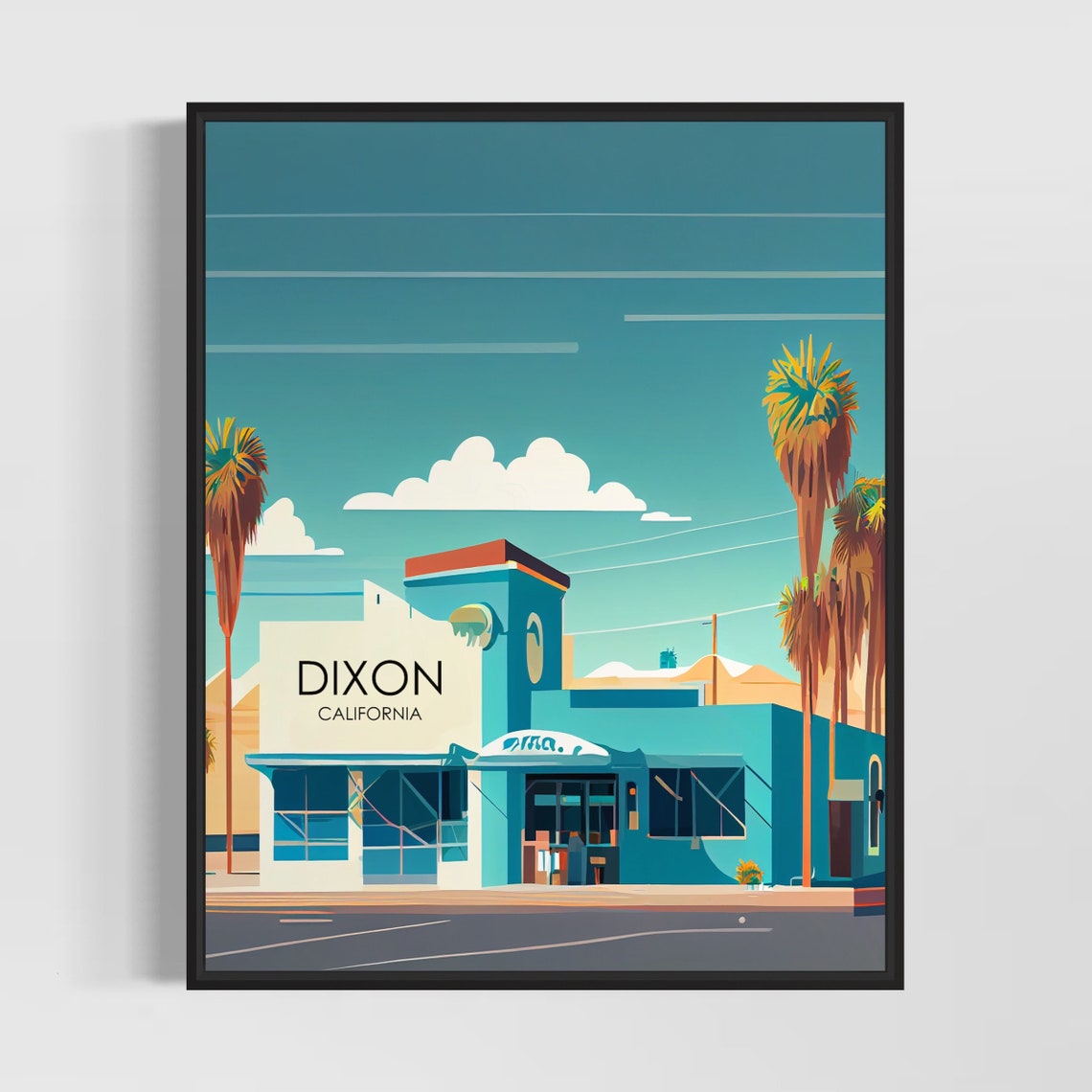 Dixon California Retro Turquoise Diner Building Scene Poster