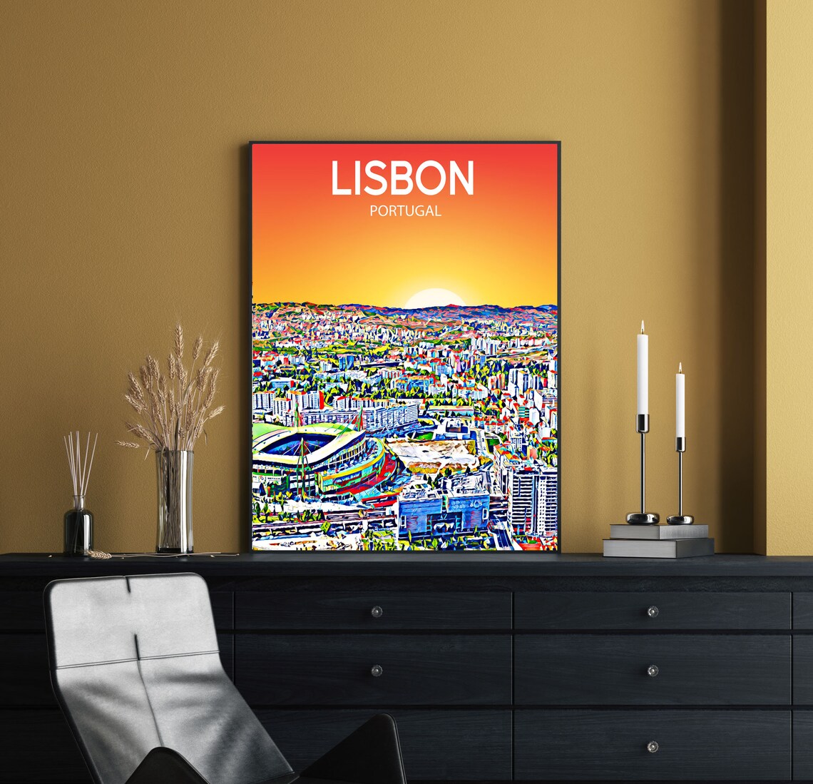 Lisbon Portugal Stadium Sunset Skyline Vibrant Cityscape Art Poster - Image 2