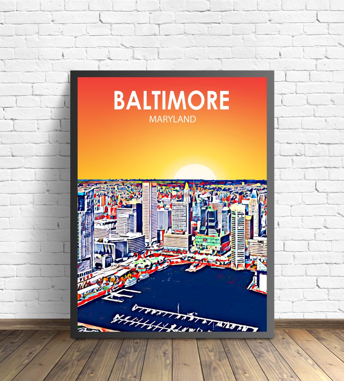 Baltimore Maryland Fiery Orange Sunset Harbor Skyline Art Poster