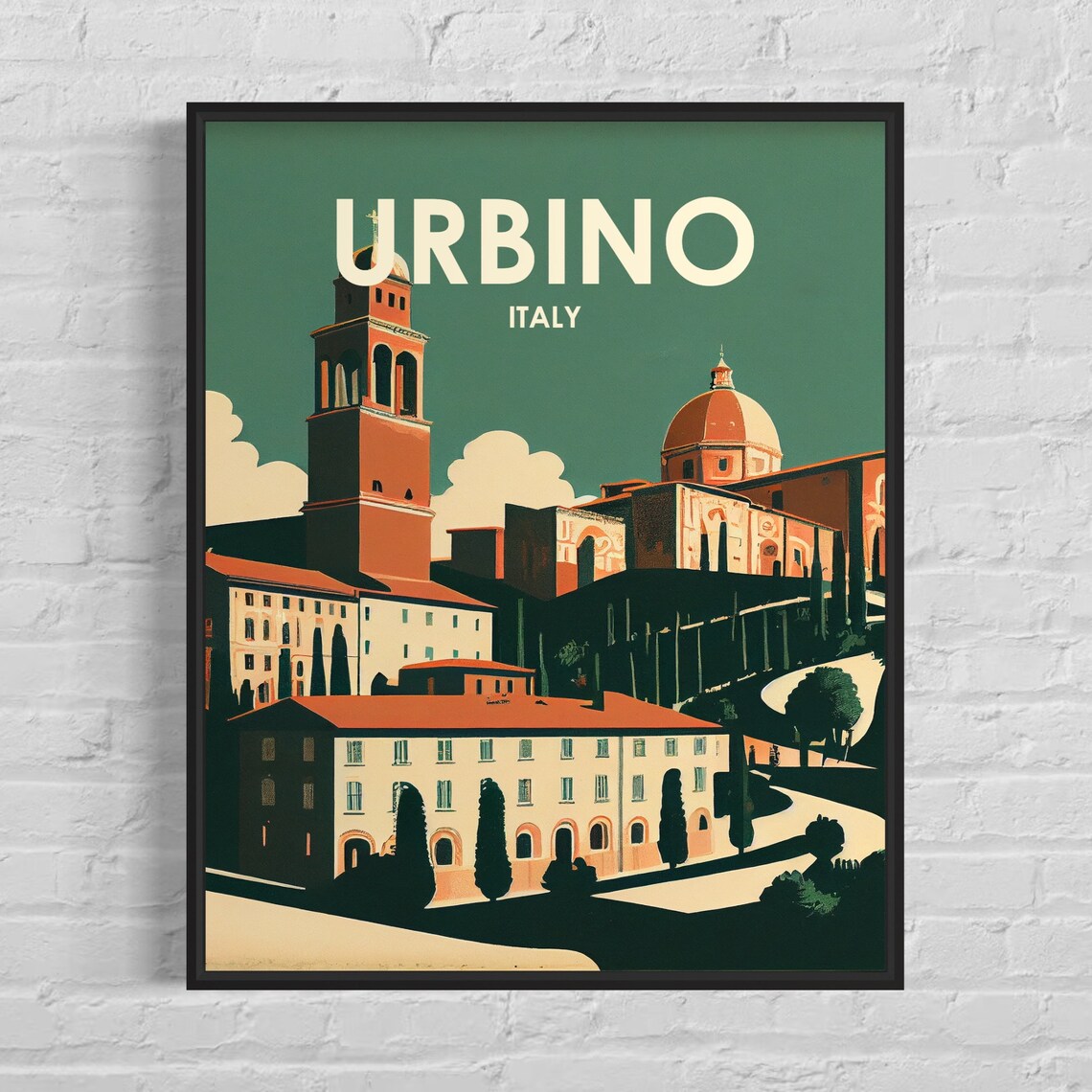 Urbino Italy Renaissance Hill Town Bell Tower Retro Travel Poster Art