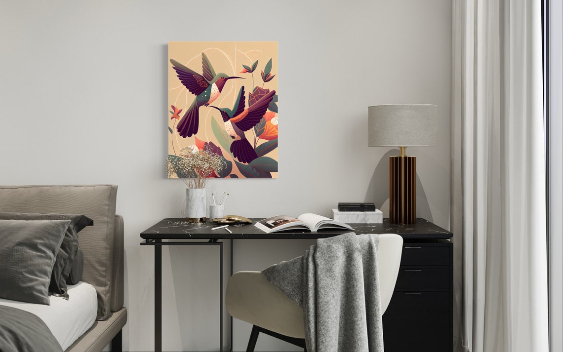 Vintage Hummingbirds Art Deco Style Floral Pair Nature Poster - Image 2