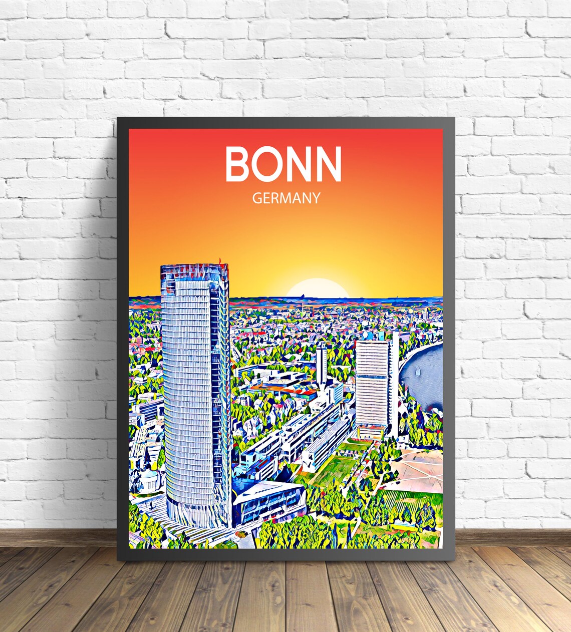Bonn Germany Sunset Skyline Glass Towers Travel Poster Art Gift