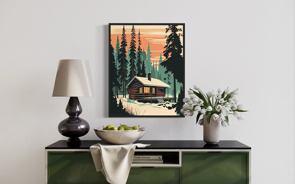 Cozy Snowy Cabin Glowing in Pine Forest Winter Sunset Art Poster - Image 3