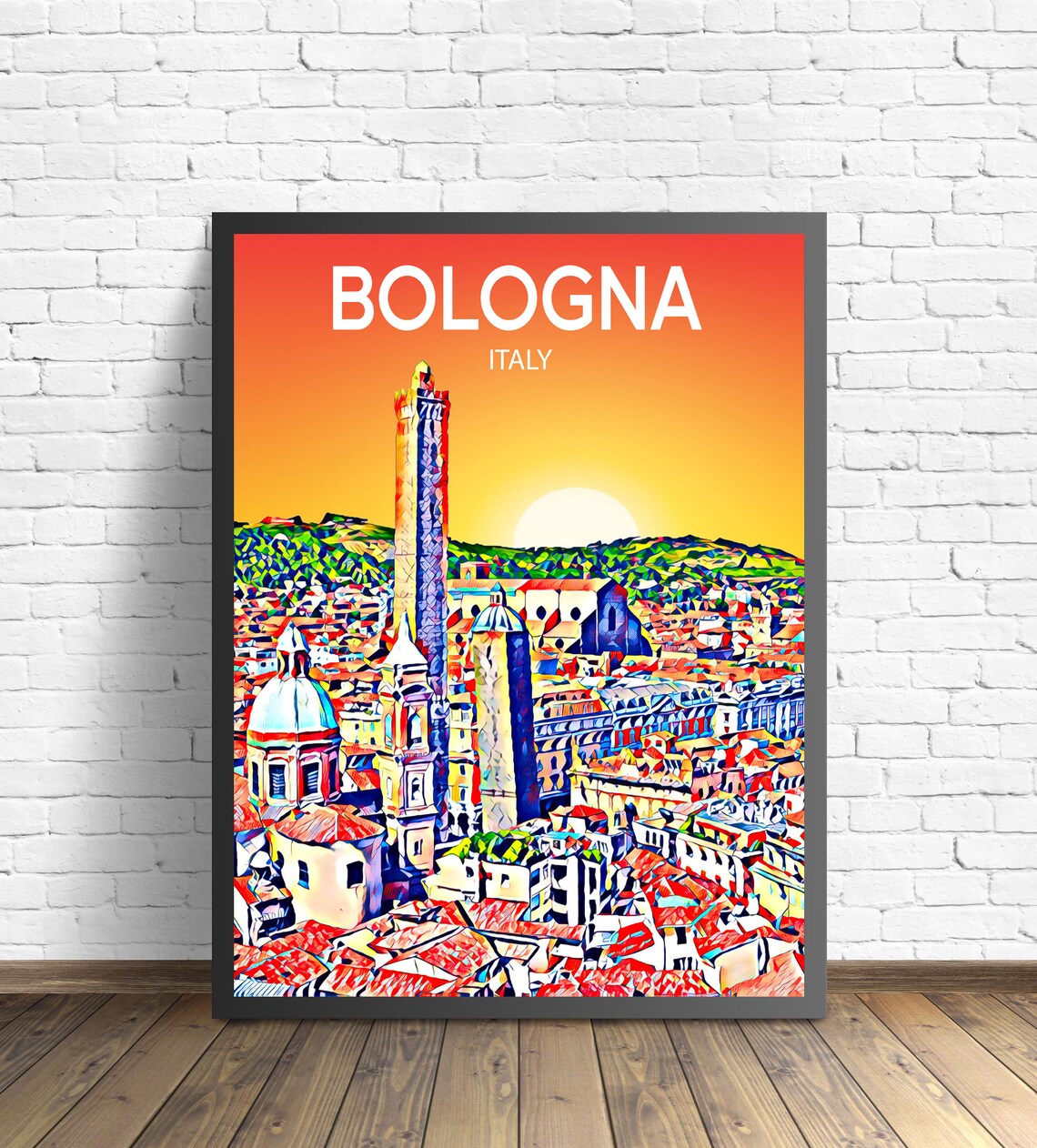 Bologna Italy Sunset Skyline Medieval Towers Travel Poster Art