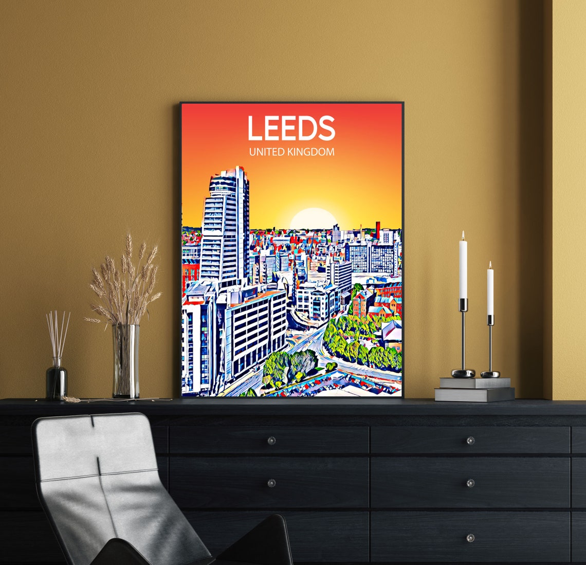 Leeds United Kingdom Sunset Skyline Vibrant Cityscape Art Poster - Image 2
