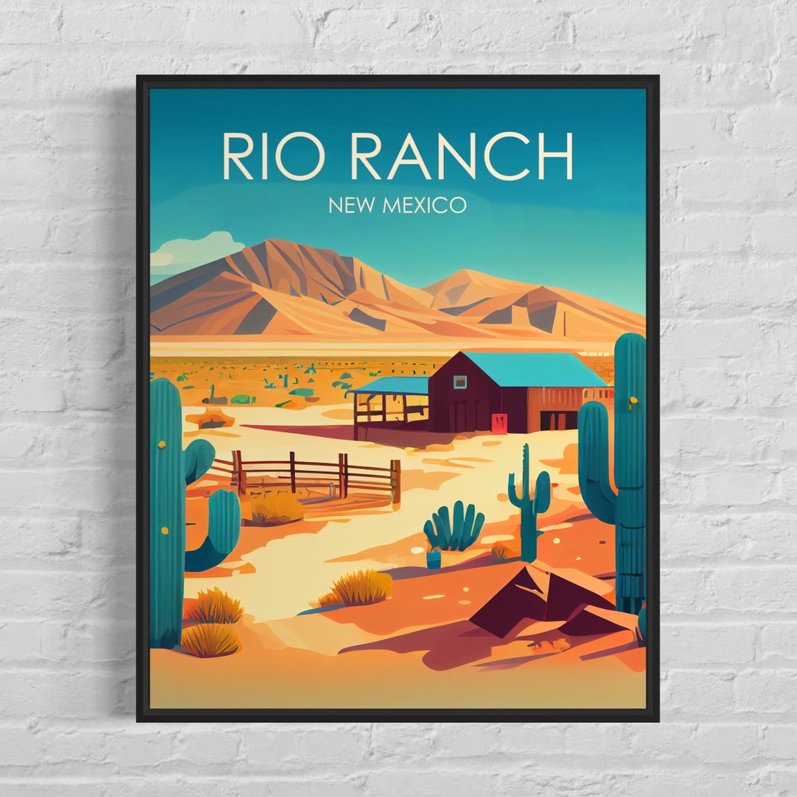 Rio Ranch New Mexico Desert Barn Cactus Ranch Vintage Poster