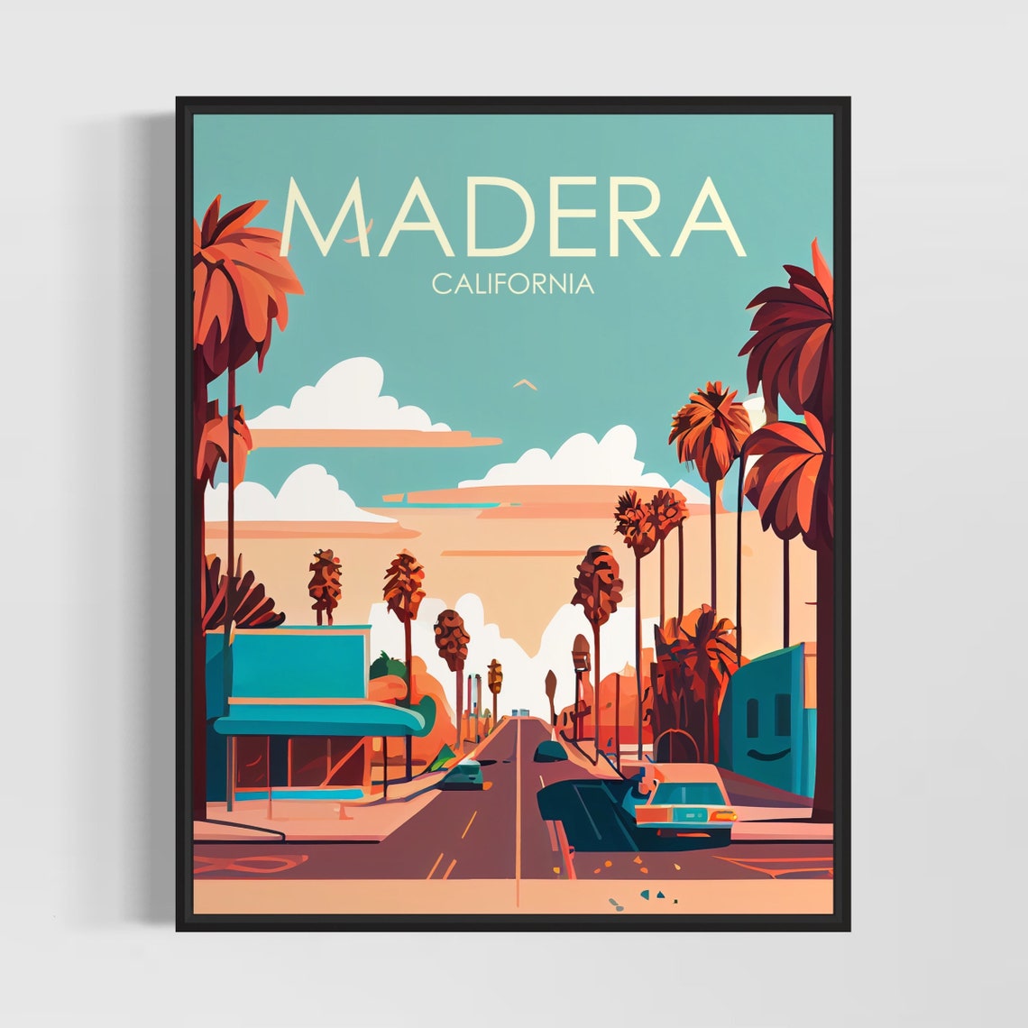 Madera California Palm Lined Main Street Retro Vintage Poster