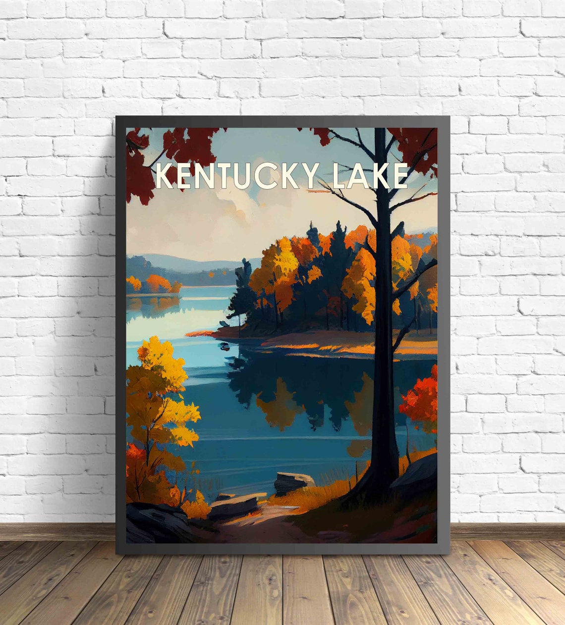 Tranquil Kentucky Lake Autumn Shoreline Golden Reflection Art Poster