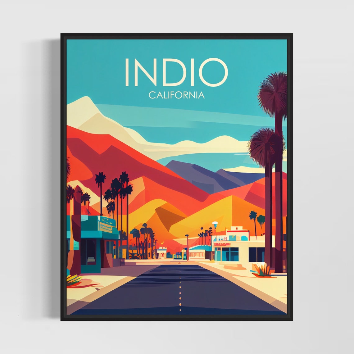 Indio California Fiery Red Desert Mountains Town Sunset Poster
