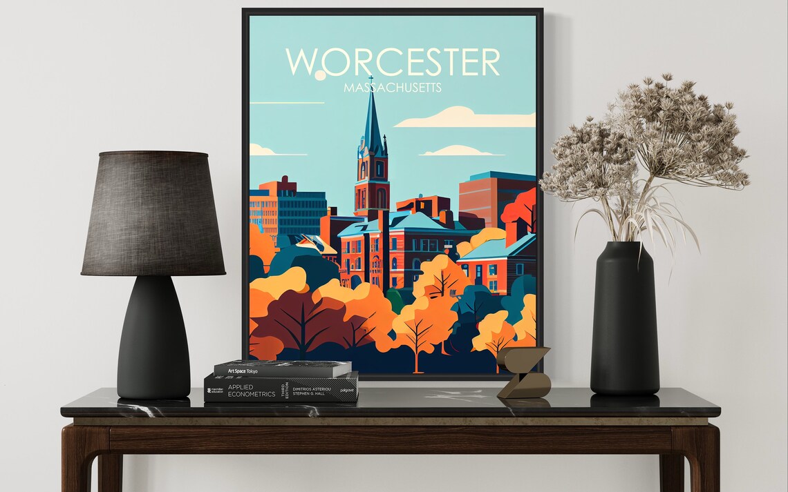 Worcester Massachusetts Autumn Skyline Retro New England Art Poster - Image 2