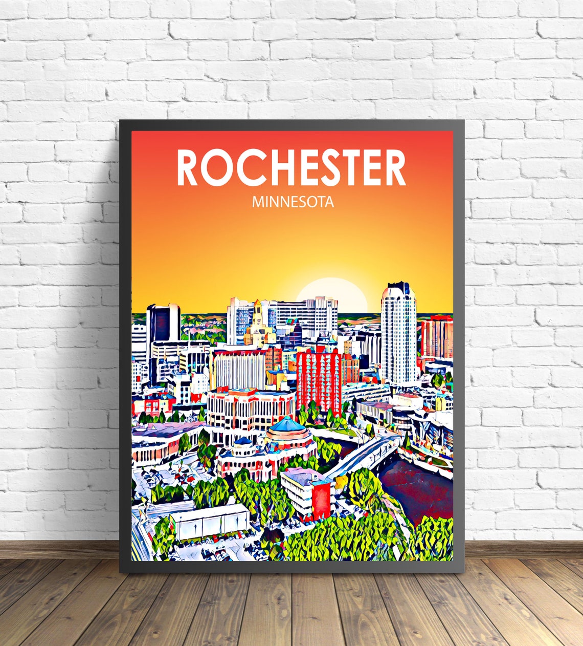 Rochester Minnesota Sunset Skyline Colorful Pop Art City Travel Poster