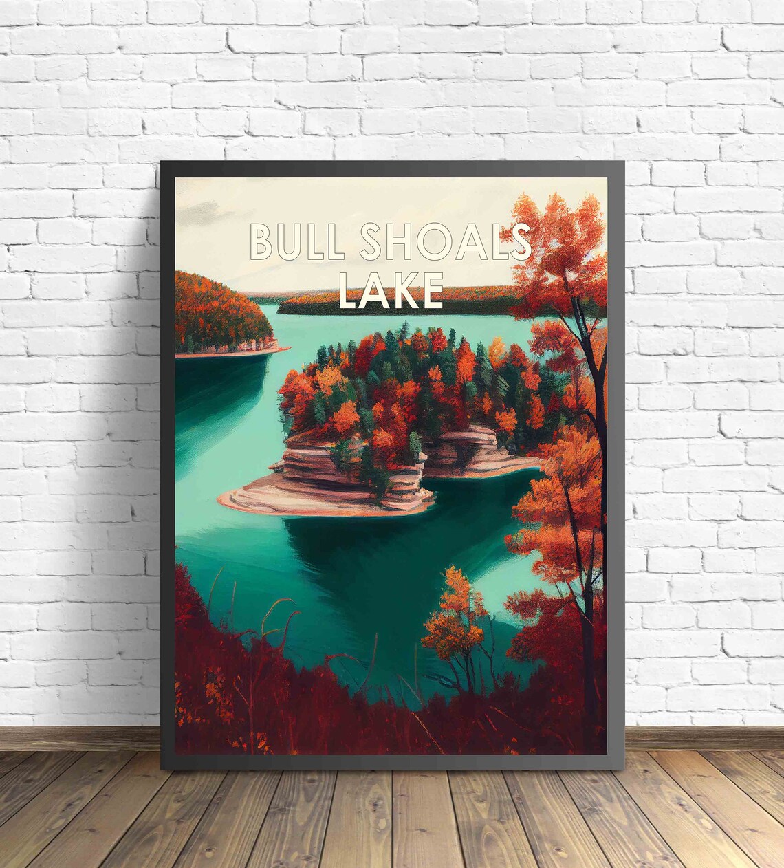 Bull Shoals Lake Retro Autumn Foliage Watercolor Landscape Poster
