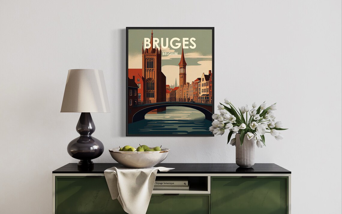 Bruges Belgium Medieval Canal Bridge Gothic Towers Retro Travel Poster - Image 2