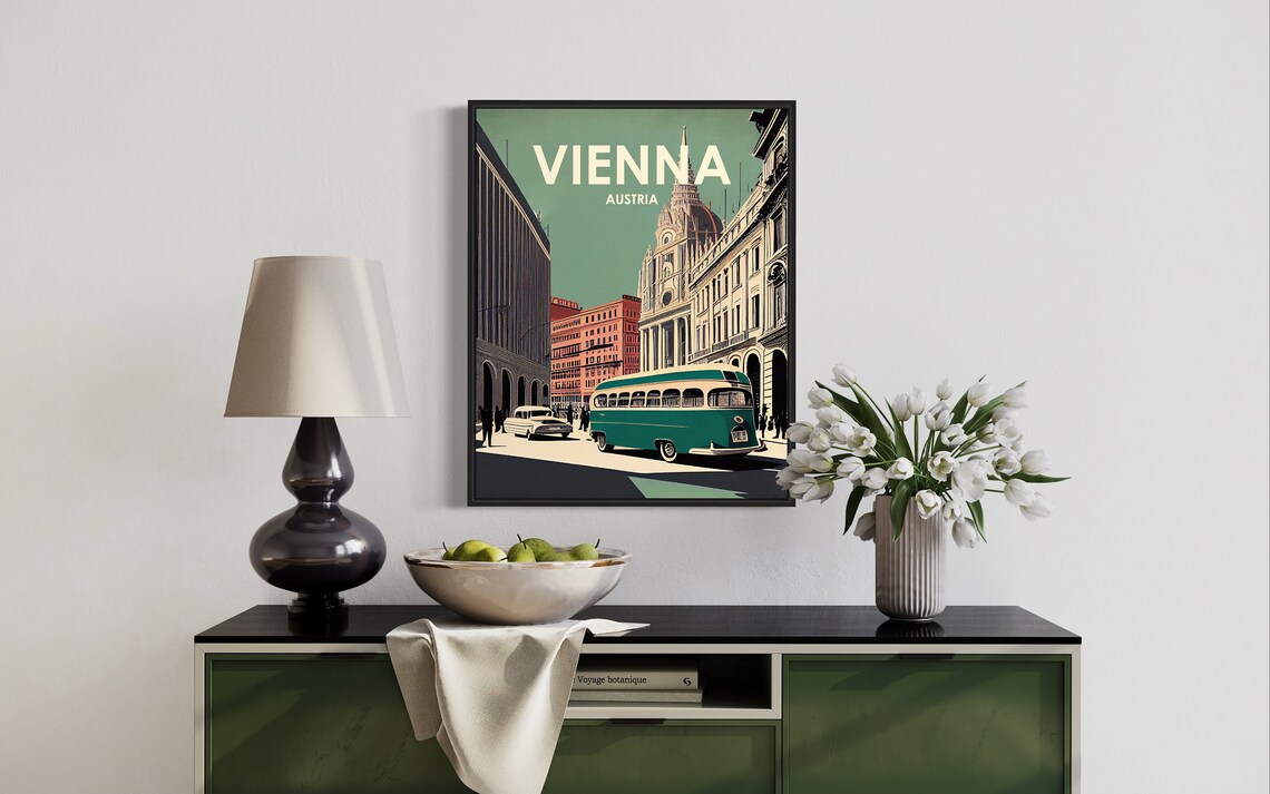 Vienna Austria Retro Street Scene With Vintage Green Bus Travel Poster - Image 3