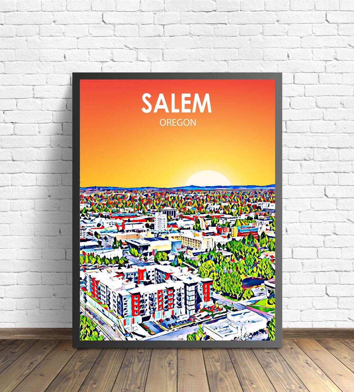 Framed Salem Oregon Colorful Sunset Skyline City Travel Poster