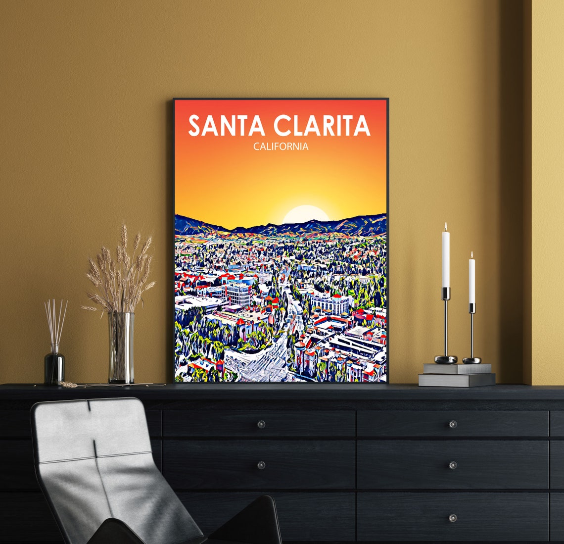 Santa Clarita Ca Art Poster California Sunset Landscape Poster Print Santa Clarita City Wall Art Colorful Skyline Sketch Photo - Image 2