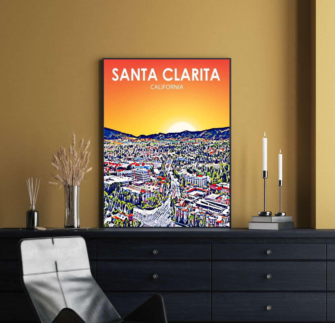 Santa Clarita California Sunset Hills City Skyline Painted Art Poster - Image 2