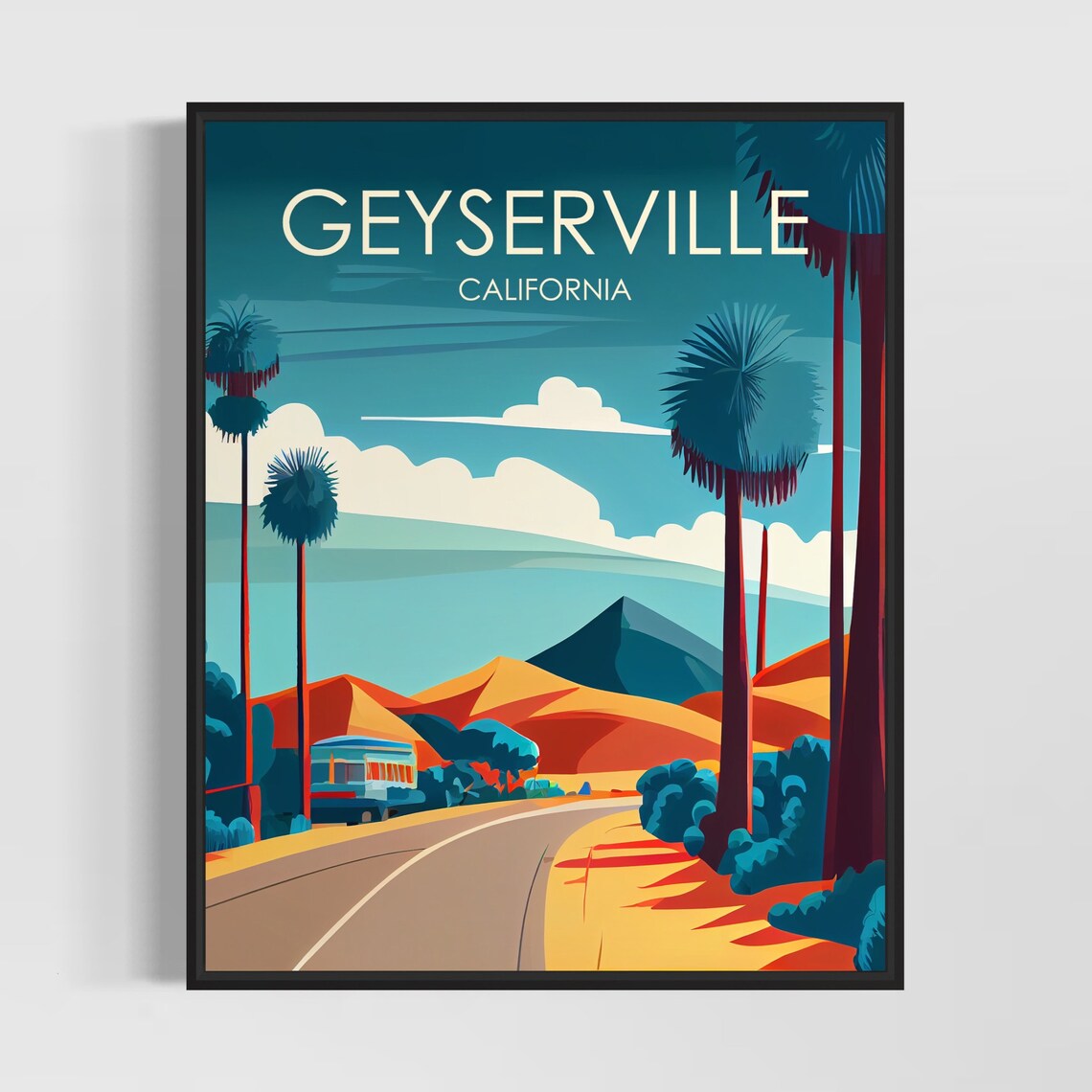 Geyserville California Curving Palm Lined Desert Road Bus Poster