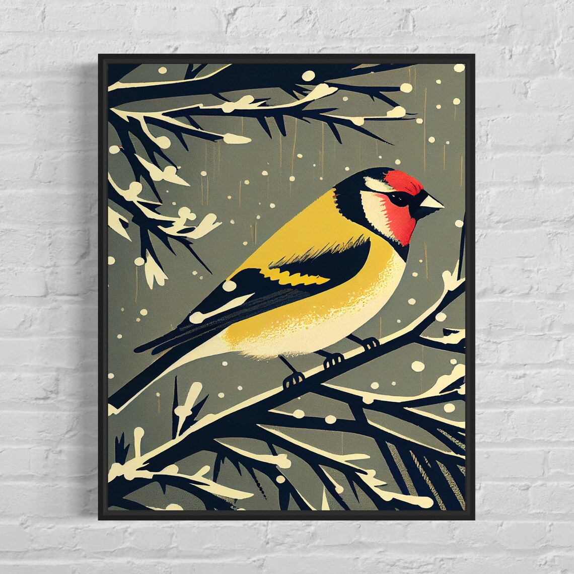 European Goldfinch in Winter Snowy Branch Vintage Bird Art Print
