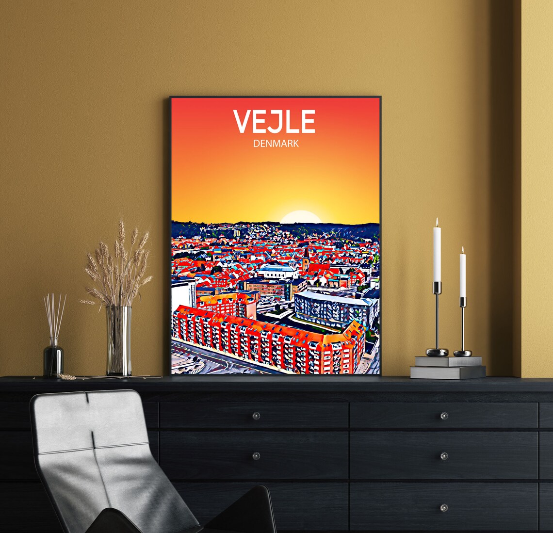 Vejle Denmark Sunset Cityscape Vibrant Colorful Travel Poster - Image 2