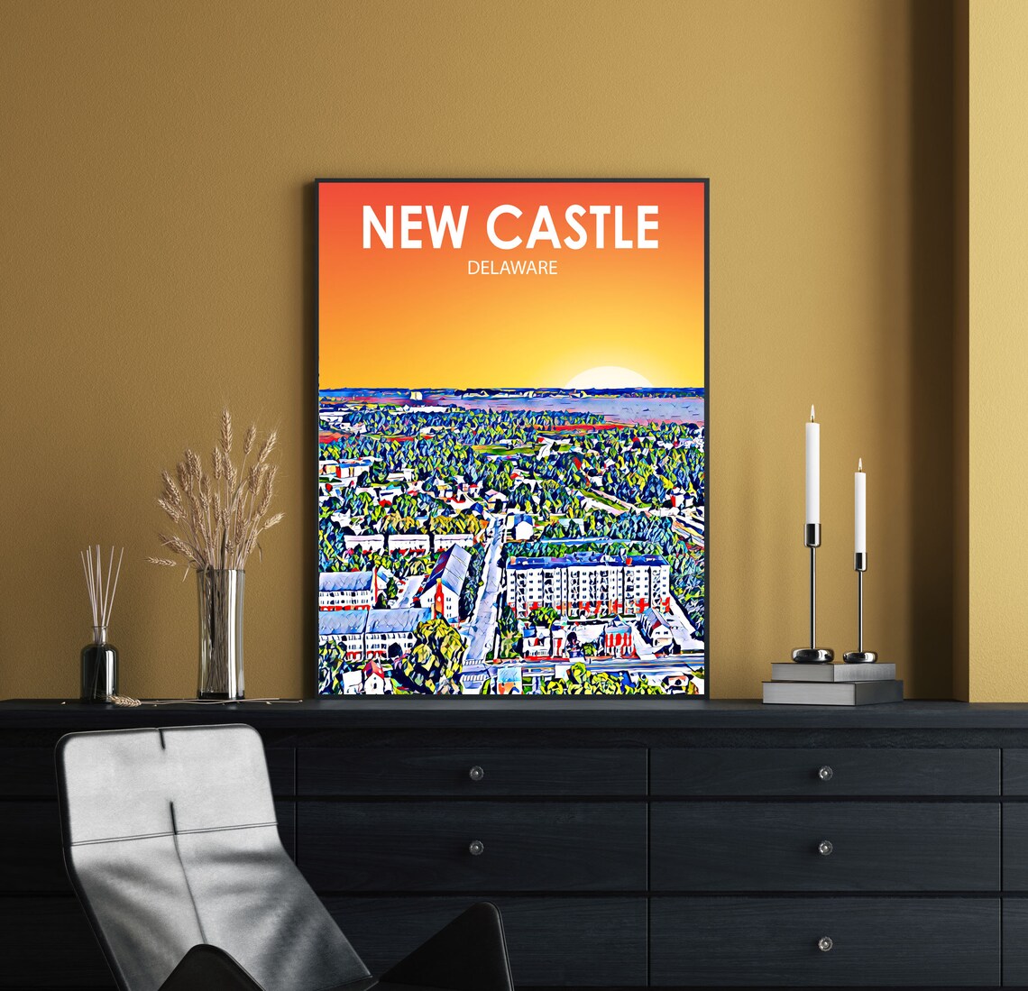 New Castle Delaware Colorful Sunset Skyline City Travel Poster - Image 2