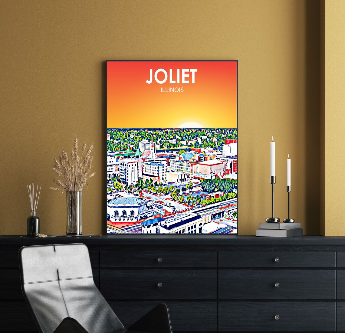 Joliet Illinois Art Poster Sunset Landscape Poster Print Joliet City Framed Wall Art United States Colorful Skyline Sketch Photo - Image 2