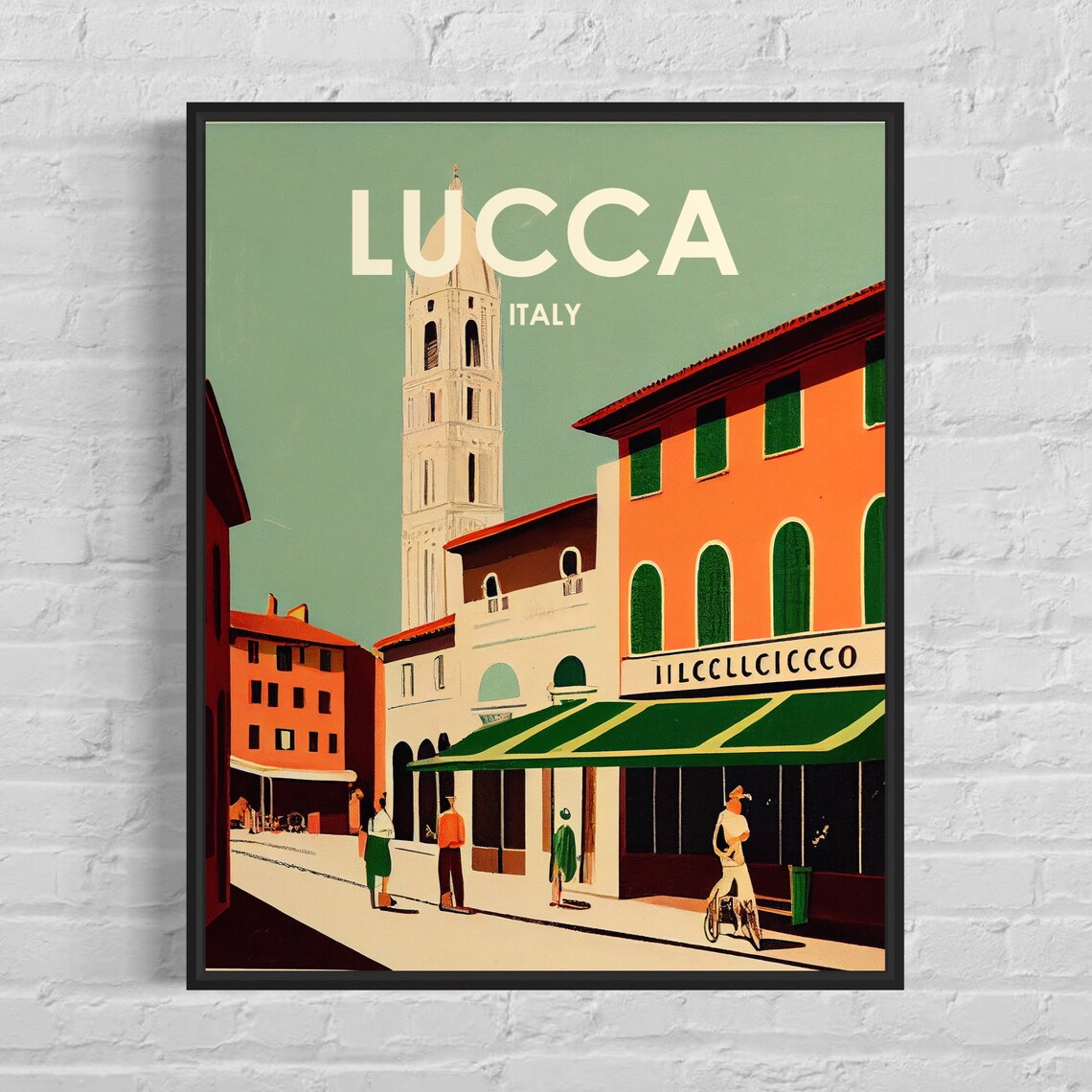 Lucca Italy Old Town Tower Sunlit Street Retro Travel Poster