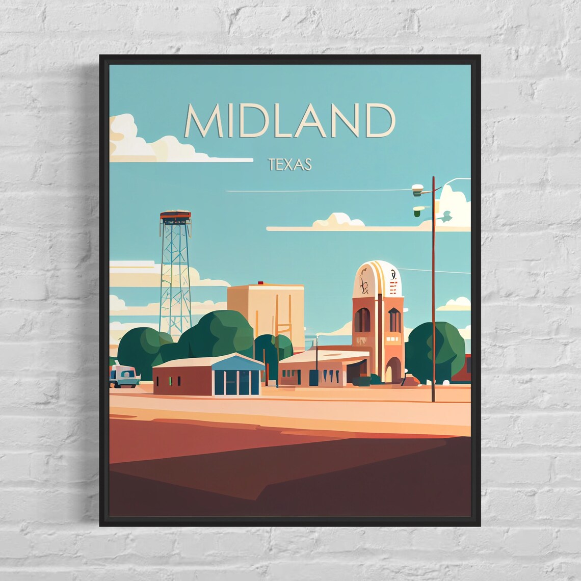 Midland Texas Retro Oil Derrick and Clock Tower Travel Poster Art