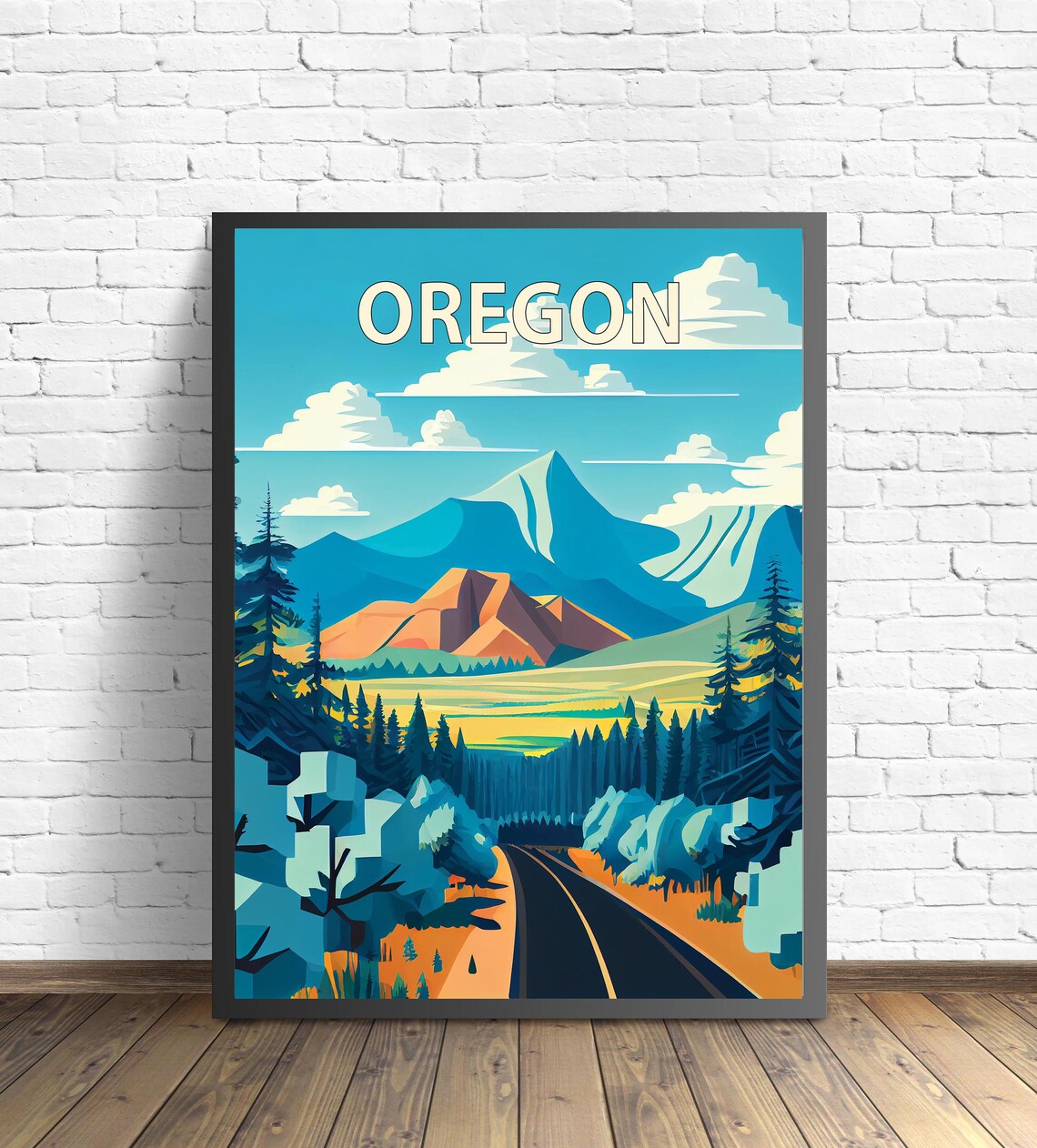 Oregon Mountain Road Evergreen Forest Snowy Peaks Travel Poster