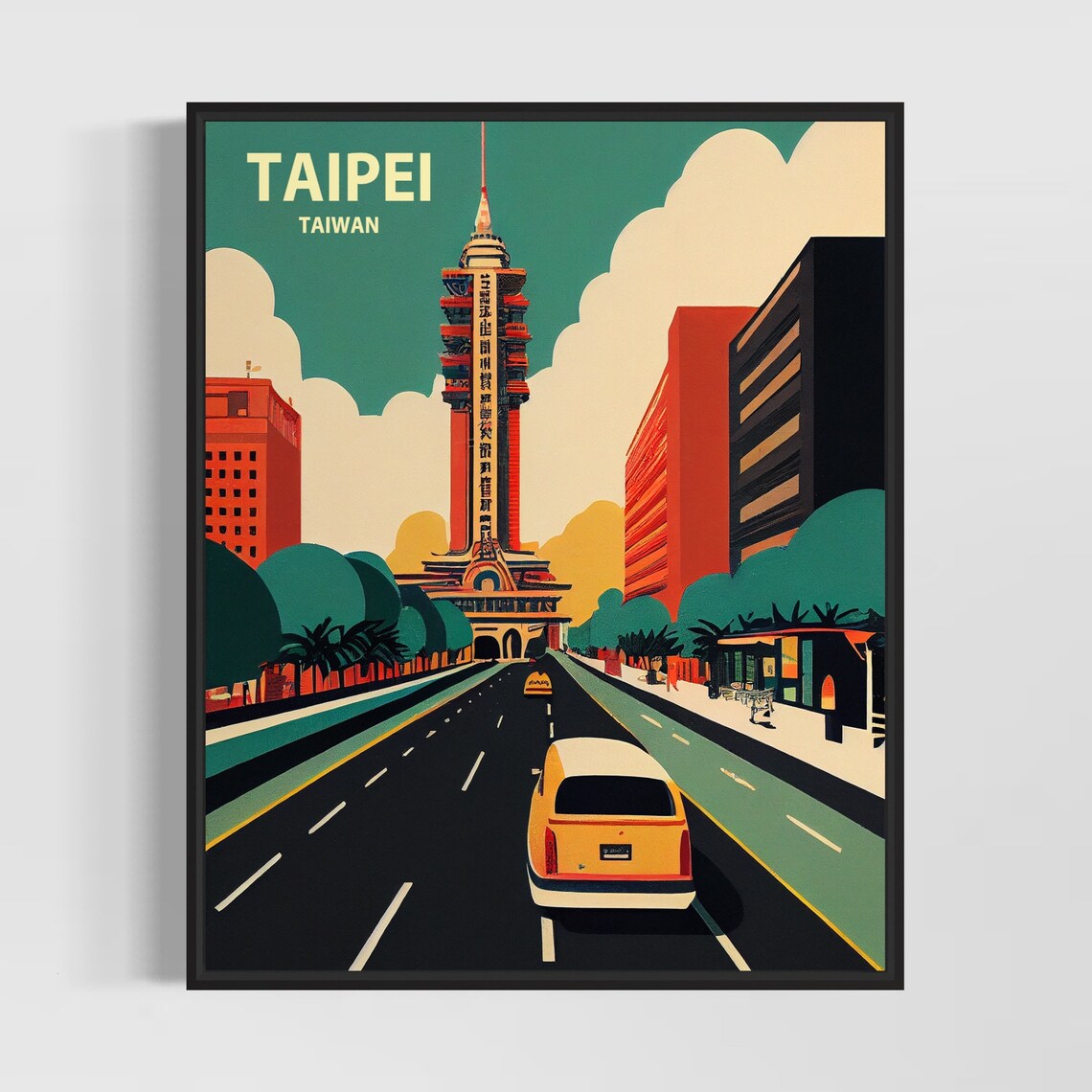 Taipei Taiwan Vintage Retro City Tower Street Scene Travel Poster