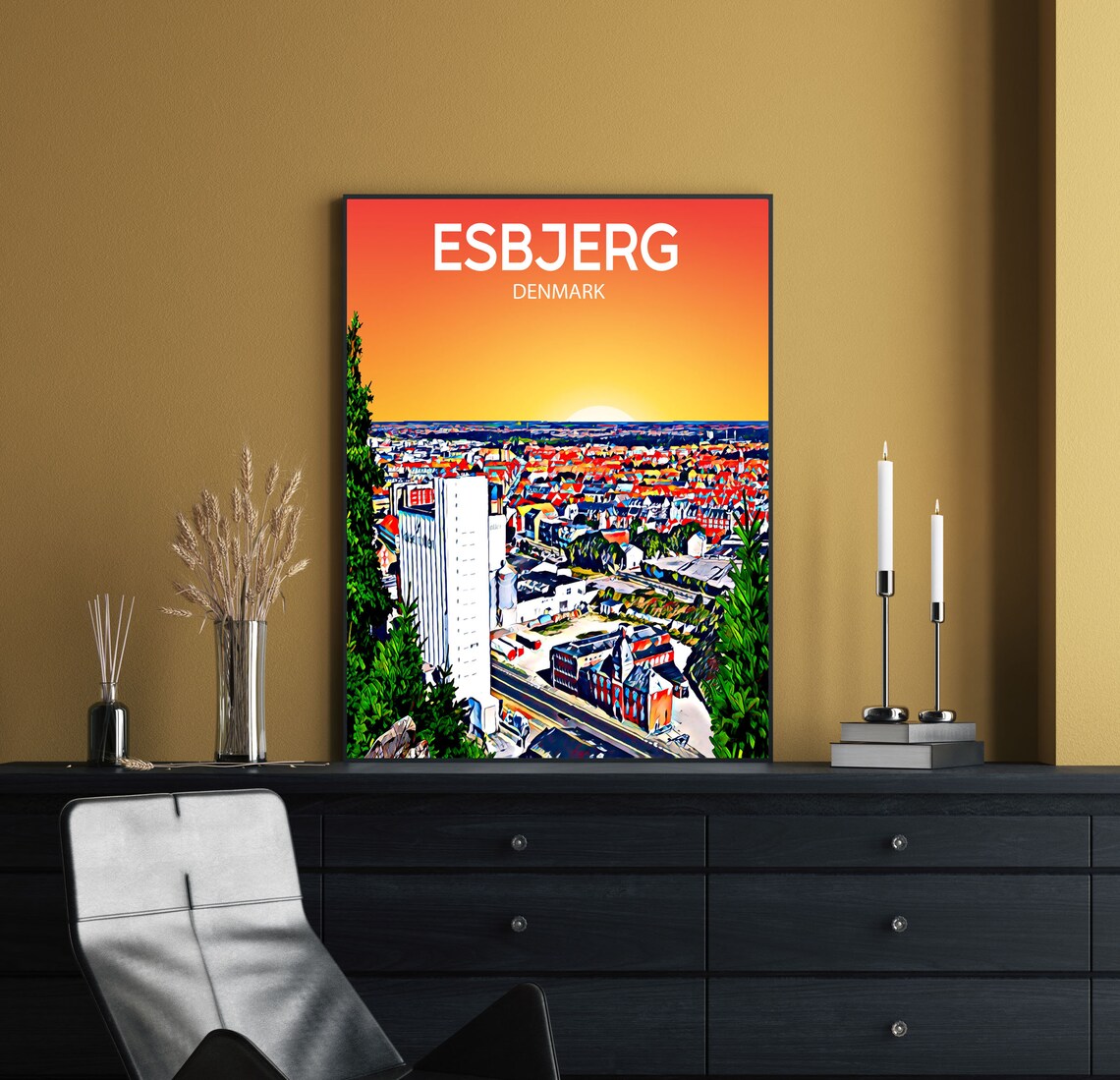 Esbjerg Denmark Sunset Aerial Cityscape Vivid Color Art Poster - Image 2