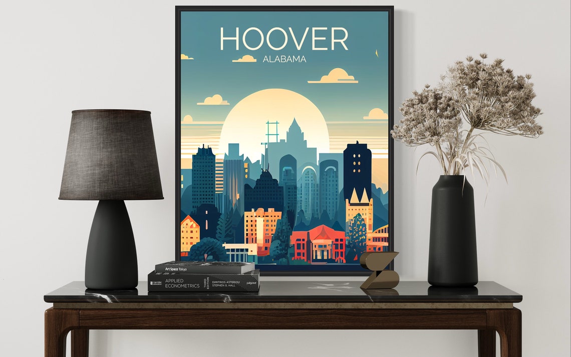 Hoover Alabama Glowing Sunset Skyline Retro Cityscape Travel Poster - Image 2