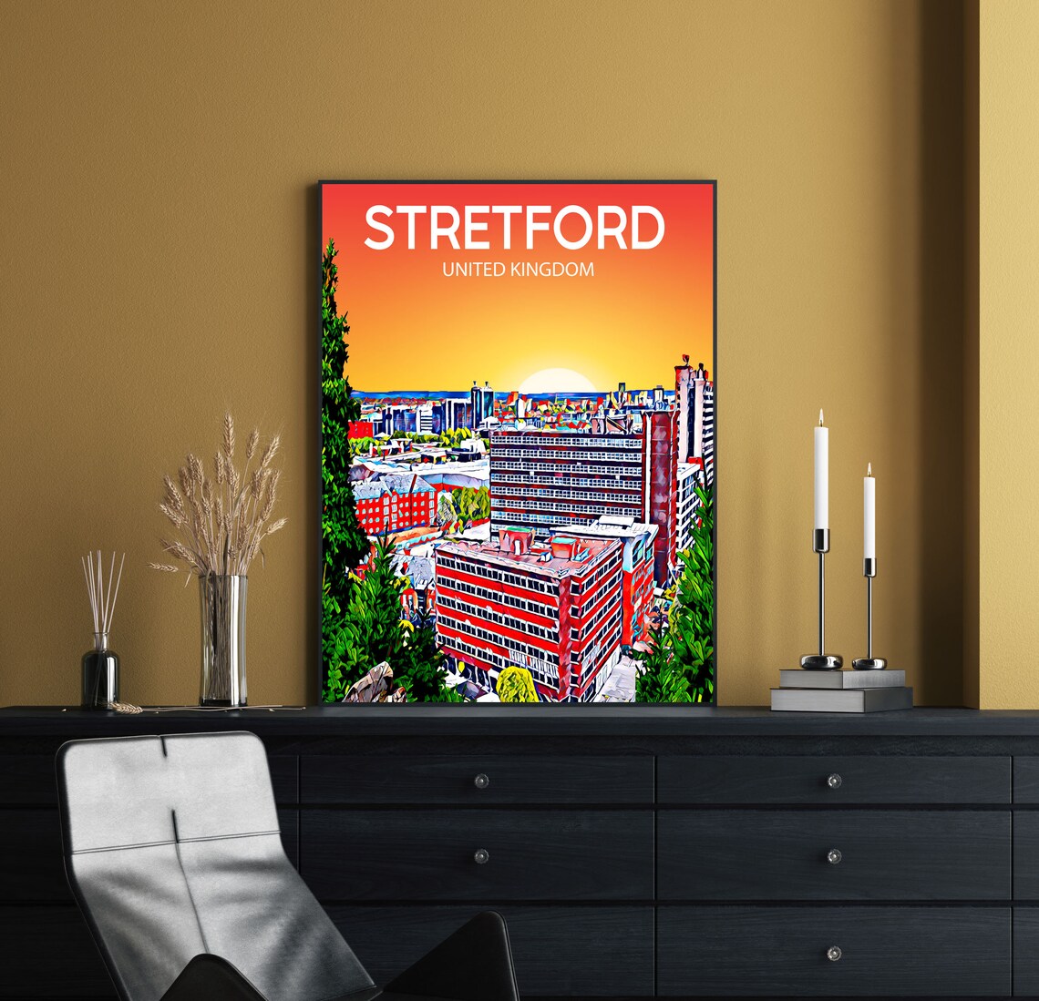 Stretford United Kingdom Sunset Skyline Modern City Art Poster - Image 2