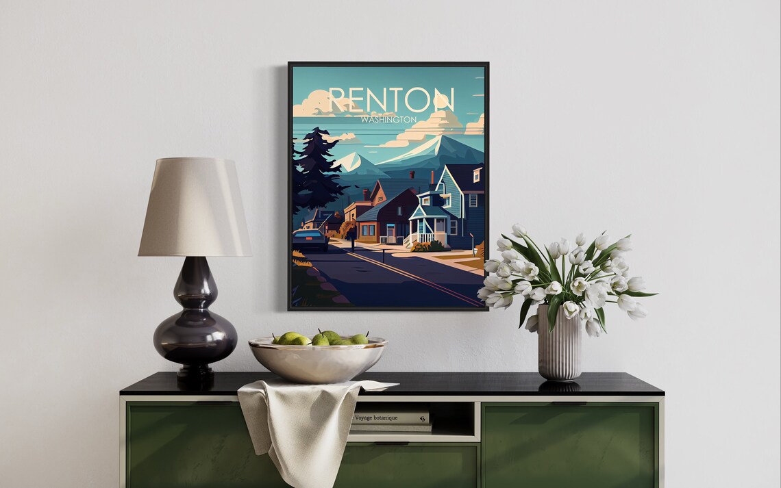 Renton Washington Mountain Street Scene Vintage Travel Poster - Image 3