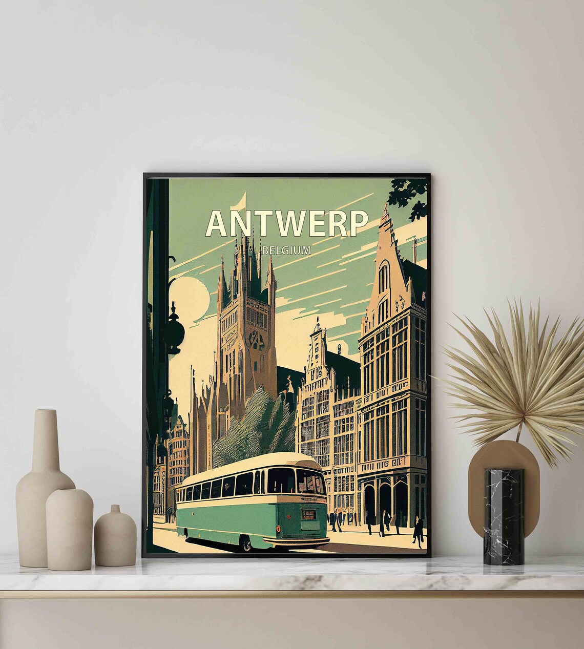 Antwerp Belgium Gothic Cathedral Vintage Bus Retro City Travel Poster - Image 2