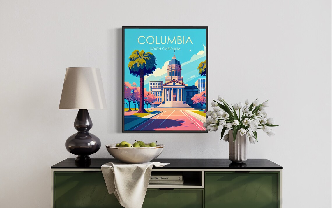 Columbia South Carolina Retro Statehouse Palms Morning Plaza Poster - Image 2