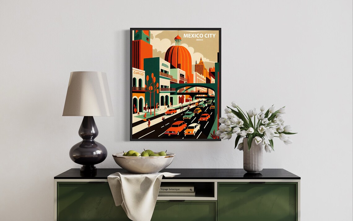Mexico City Retro Downtown Street With Classic Cars Dome Poster - Image 3