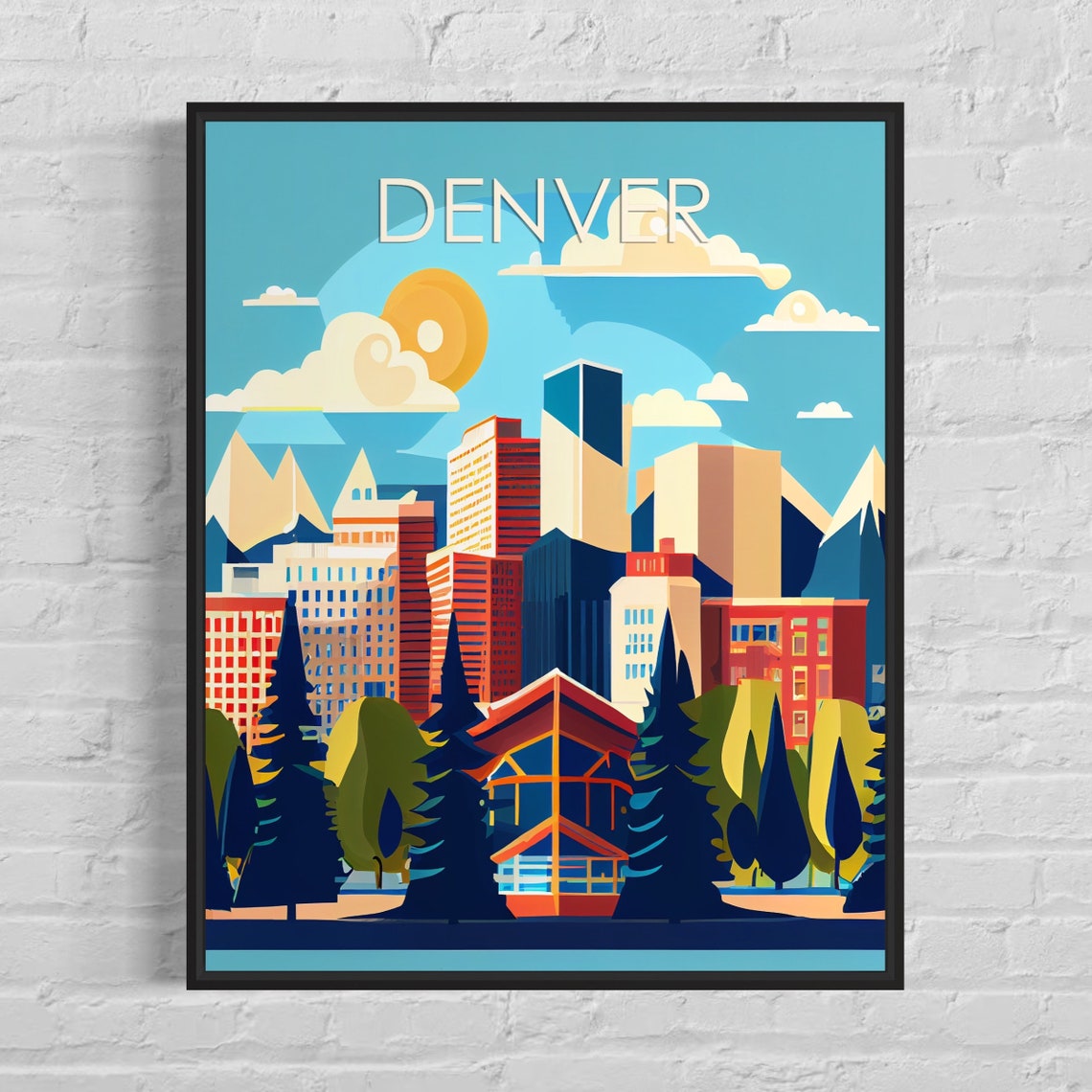 Denver Colorado Sunny Skyline Evergreens Mountains Art Poster