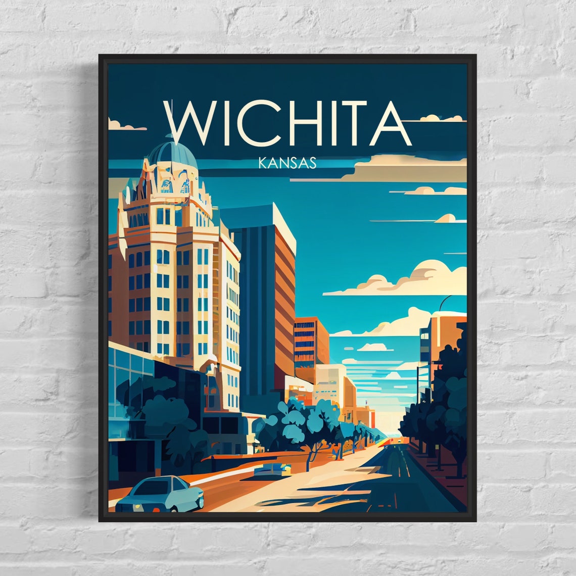 Wichita Kansas Vintage Downtown Skyline Night Retro Travel Poster