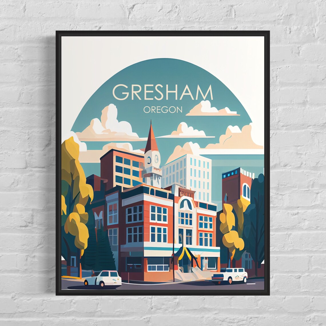 Gresham Oregon Downtown Clock Tower Retro Street Travel Poster