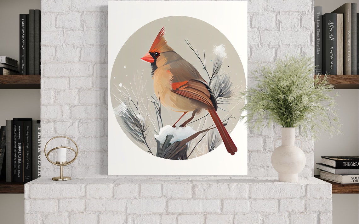 Female Northern Cardinal on a Snowy Branch Winter Bird Art Poster - Image 3