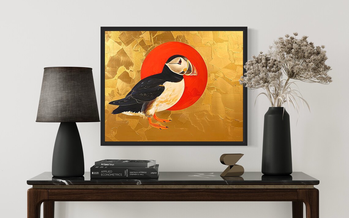 Puffin Perched Before Red Sun Gold Leaf Coastal Seabird Art Poster - Image 2