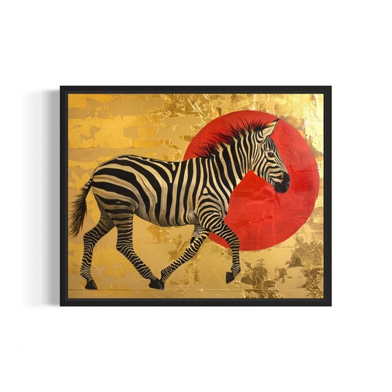 Zebra Walking Before Red Sun Gold Leaf African Wildlife Art Poster