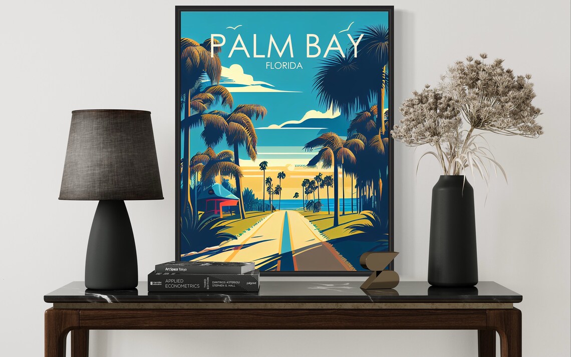 Palm Bay Florida Beach Road Palms Golden Coast Travel Poster - Image 3